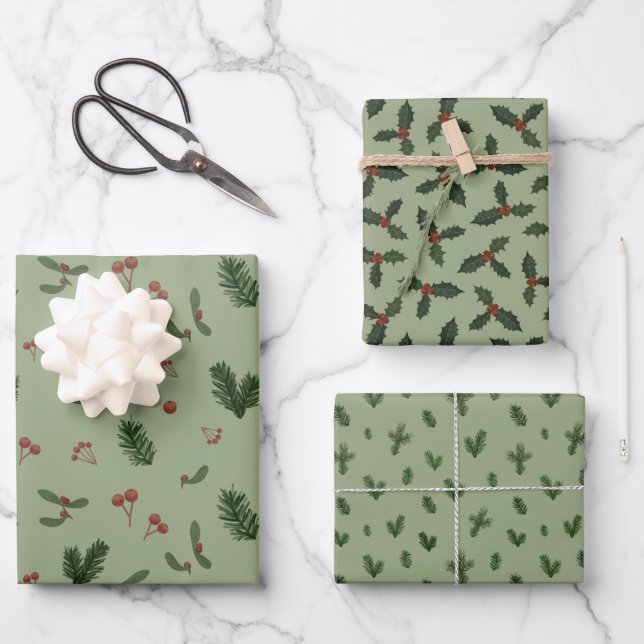 christmas green patterns wrapping paper sheets (Front)