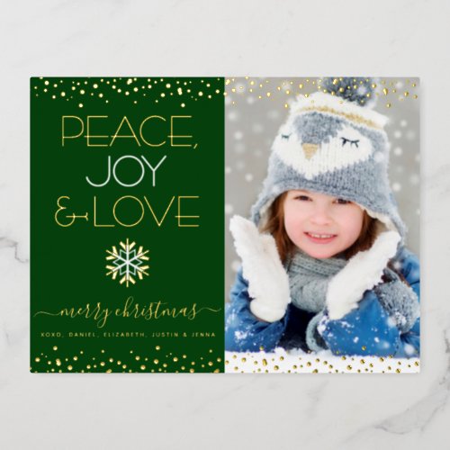 Christmas Green Peace Joy Love Photo Real Gold Foil Holiday Postcard