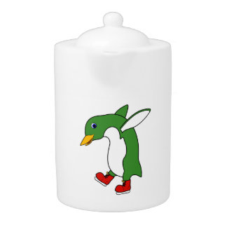Christmas Green Penguin with Red Ice Skates Teapot