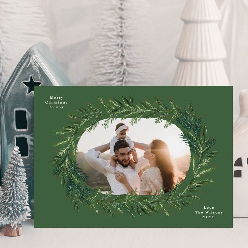 christmas green pine frame wreath elegant photo holiday card