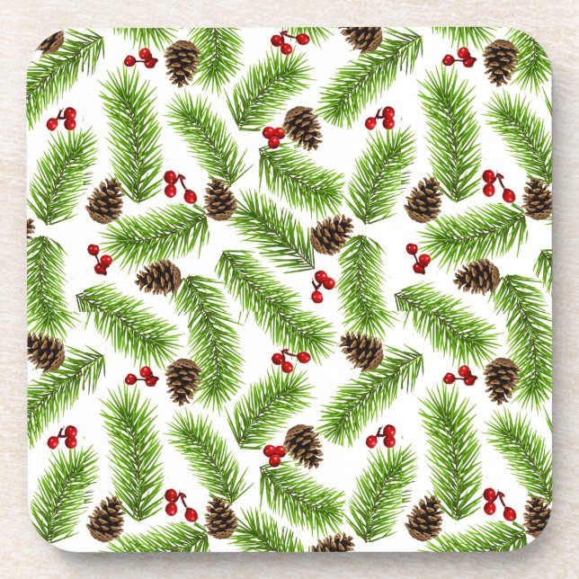 Christmas Green Pine Leaves, Cones & Red Berries Beverage Coaster (Front)