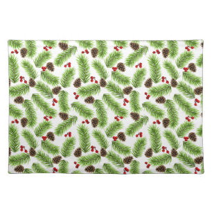 Christmas Green Pine Leaves, Cones & Red Berries Cloth Placemat