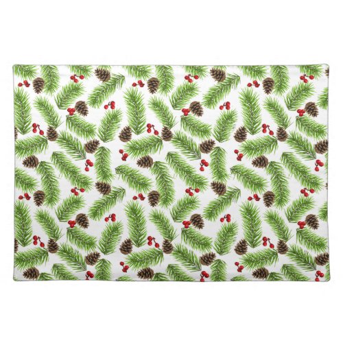 Christmas Green Pine Leaves Cones  Red Berries Cloth Placemat