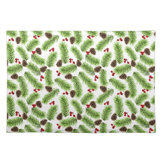 Christmas Green Pine Leaves, Cones & Red Berries Cloth Placemat (Front)