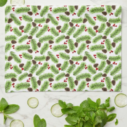 Christmas Green Pine Leaves Cones  Red Berries Kitchen Towel