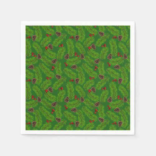 Christmas Green Pine Leaves Cones  Red Berries Napkins