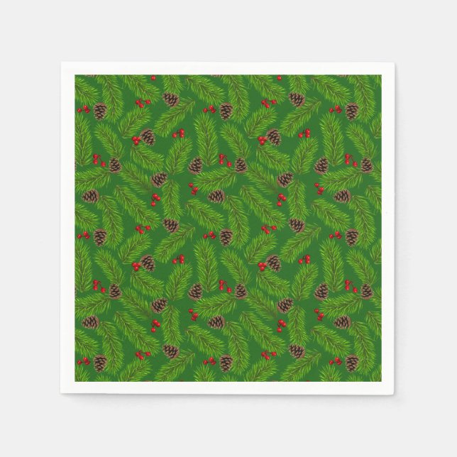 Christmas Green Pine Leaves, Cones & Red Berries Napkins (Front)