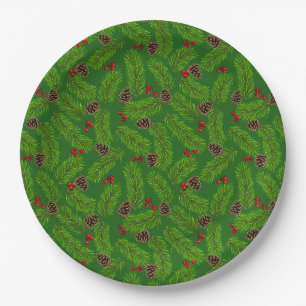 Christmas Green Pine Leaves, Cones & Red Berries Paper Plates