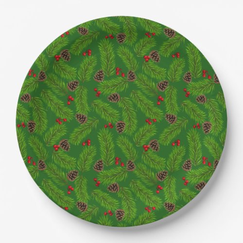 Christmas Green Pine Leaves Cones  Red Berries Paper Plates