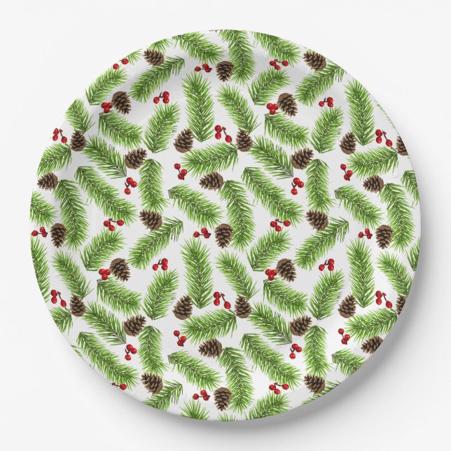 Christmas Green Pine Leaves, Cones & Red Berries Paper Plates (Front)