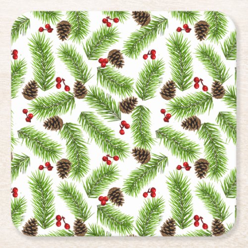 Christmas Green Pine Leaves Cones  Red Berries Square Paper Coaster
