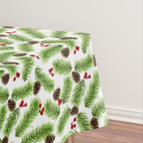 Christmas Green Pine Leaves Cones  Red Berries Tablecloth