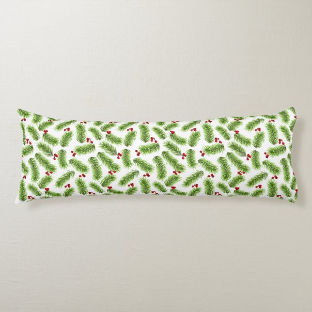 Christmas Green Pine Leaves & Red Berries on White Body Pillow (Front)