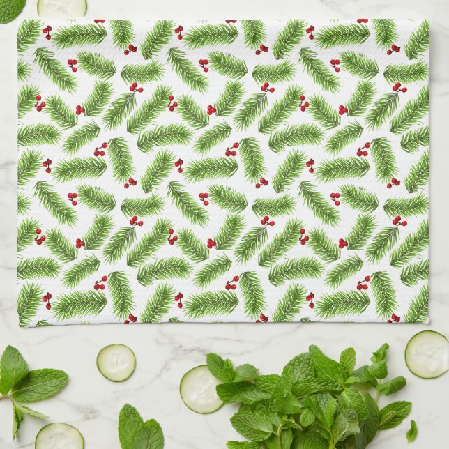 Christmas Green Pine Leaves & Red Berries on White Kitchen Towel (Folded)