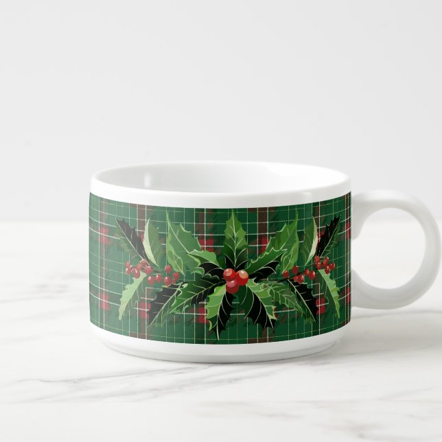 Christmas Green Plaid and Holly Bowl (Left)