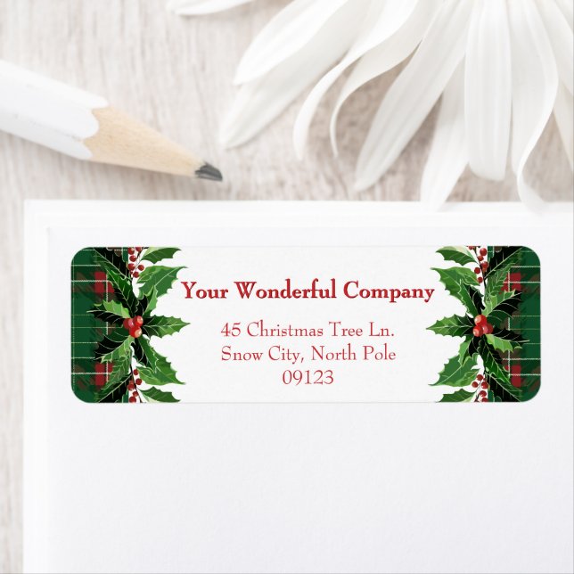 Christmas Green Plaid and Holly | Return Label (Insitu)