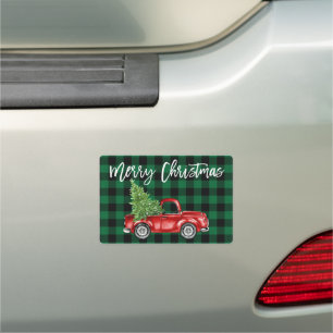 Christmas Green Plaid Brush Script Vintage Truck Car Magnet