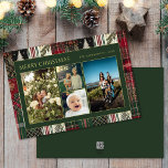 Christmas Green Plaid Family Four Photo Collage Holiday Card<br><div class="desc">This Design features Christmas and Holiday Theme with Modern and Festive Plaid,  Christmas Trees,  Jingle Bells and Traditional Green and Red Colors.</div>