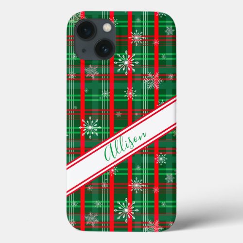 Christmas Green Plaid Personalized Script Name iPhone 13 Case