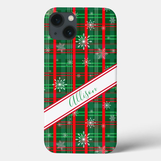 Christmas Green Plaid Personalized Script Name Case-Mate iPhone Case (Back)