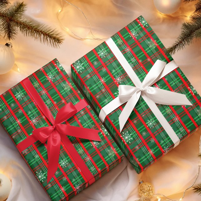 Christmas Green Plaid Snowflakes Wrapping Paper Sheets (Wrap your gifts in festive green plaid, spreading holiday warmth and cheer!)