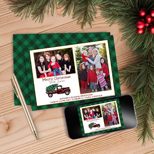 Christmas Green Plaid Tree Red Truck Holiday Photo Card
