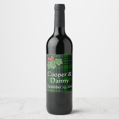 Christmas Green Plaid with Holly Sprigs  Wine Label