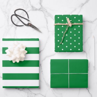  Christmas Green Polka Dot Wide Striped and Solid Wrapping Paper Sheets
