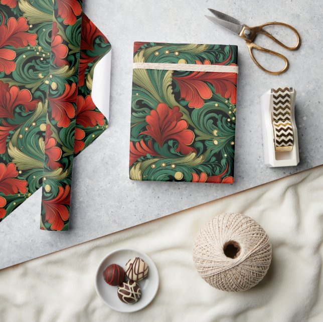 Christmas Green Red Art Noveau Present GIft Wrapping Paper (Crafts)