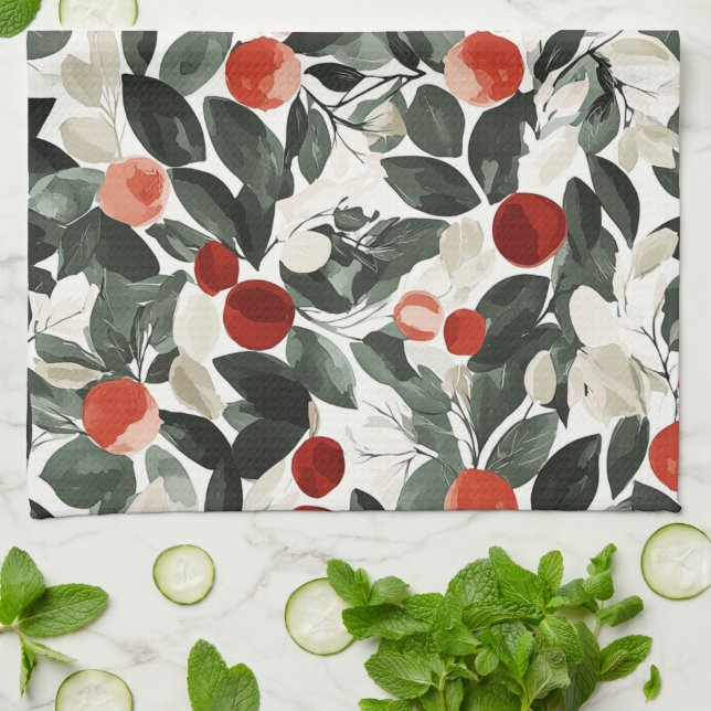 Christmas Green Red Berries   Kitchen Towel (Folded)
