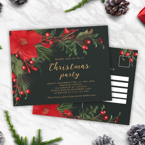 Christmas Green Red Botanical Holiday Party Invitation Postcard