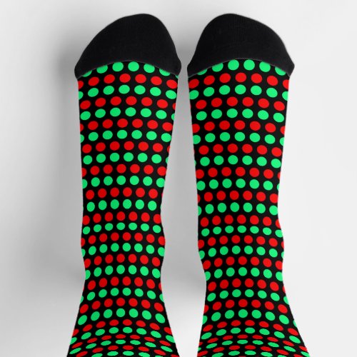 Christmas Green  Red Dotted Stripes on Black Socks