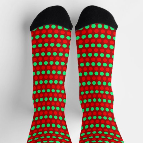 Christmas Green  Red Dotted Stripes on Red Socks