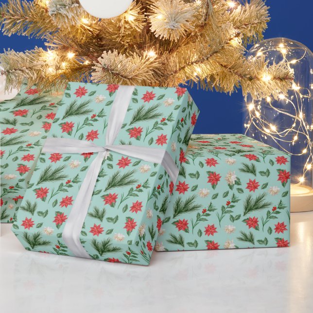 Christmas Green Red Floral Pattern Wrapping Paper (Holidays)