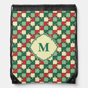 Christmas Green Red Geometric Puzzle Piece Pattern Drawstring Bag
