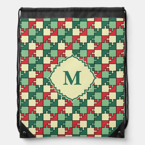 Christmas Green Red Geometric Puzzle Piece Pattern Drawstring Bag