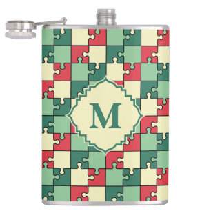 Christmas Green Red Geometric Puzzle Piece Pattern Flask
