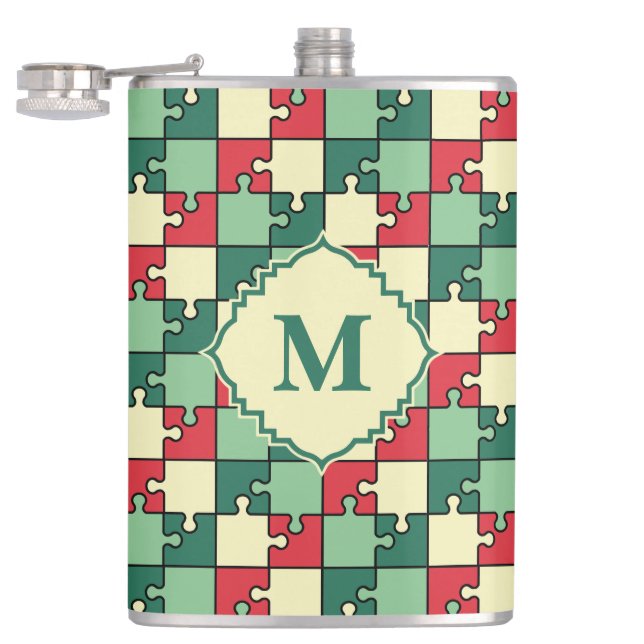 Christmas Green Red Geometric Puzzle Piece Pattern Flask (Opened)