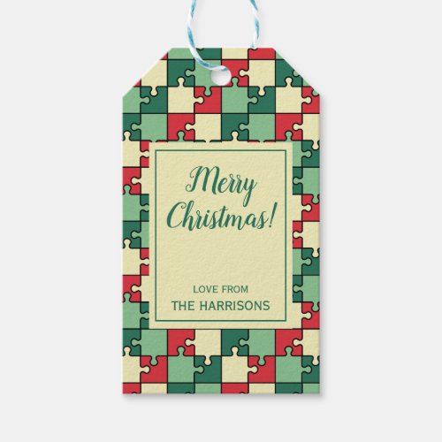 Christmas Green Red Geometric Puzzle Piece Pattern Gift Tags