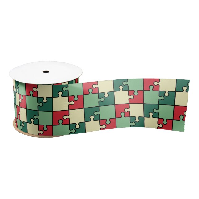 Christmas Green Red Geometric Puzzle Piece Pattern Satin Ribbon (Spool)