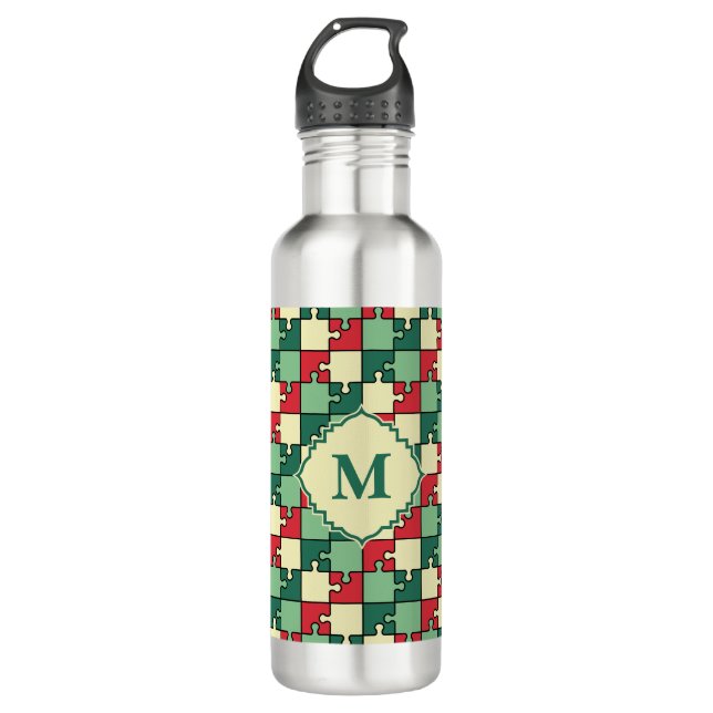 Christmas Green Red Geometric Puzzle Piece Pattern Stainless Steel Water Bottle (Front)