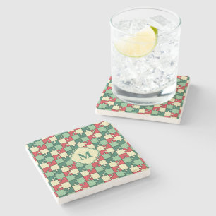 Christmas Green Red Geometric Puzzle Piece Pattern Stone Coaster