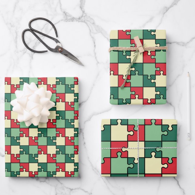 Christmas Green Red Geometric Puzzle Piece Pattern Wrapping Paper Sheets (Front)