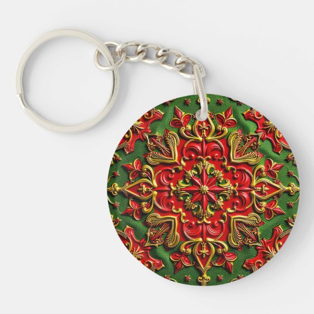 CHRISTMAS ~ Green Red Gold Bright Circular 3D ~  Keychain (Front)
