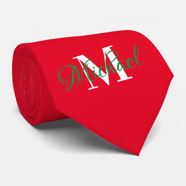 Christmas Green & Red Monogramed Necktie (Rolled)