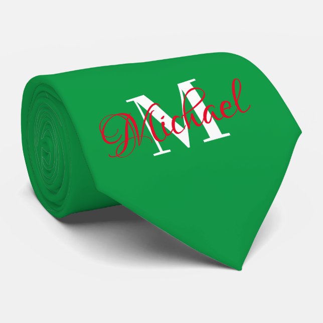 Christmas Green & Red Monogramed Necktie (Rolled)