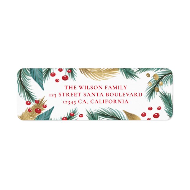 Christmas green red pine mistletoe gold return label (Front)