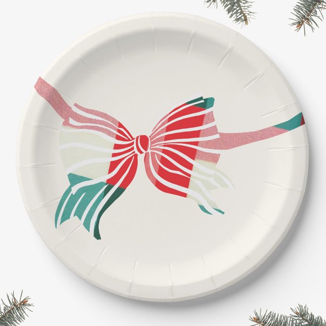 Christmas Green & Red Plaid Tied With Bow Holiday Paper Plates (Creator Uploaded)