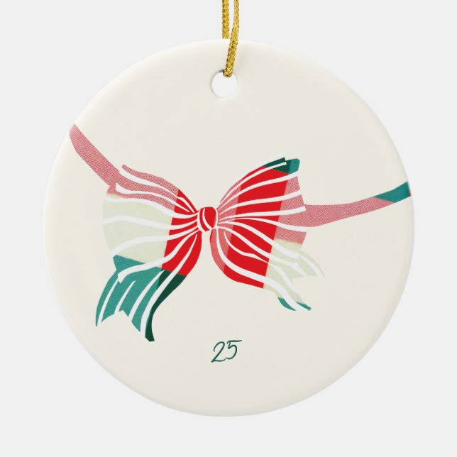 Christmas Green & Red Plaid Tied With Bow Photo Ceramic Ornament (Front)