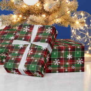 Christmas Green, Red Plaid with White Snowflakes Wrapping Paper